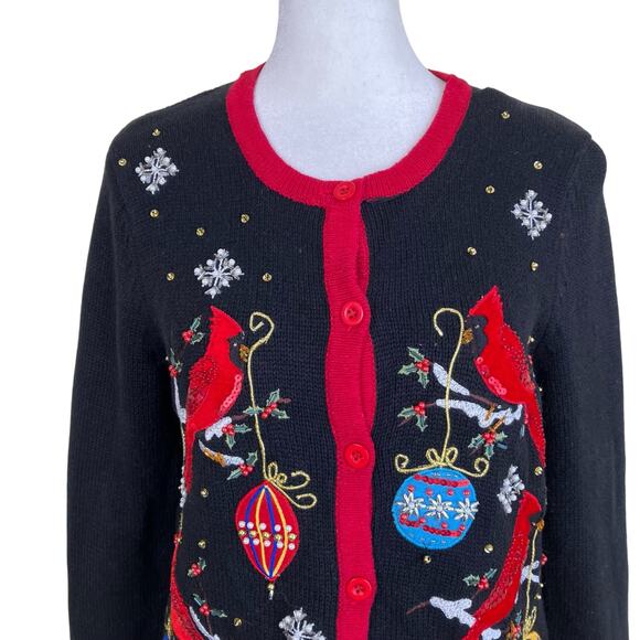 Kim Rogers Sz SP Vtg 90s Knitted Holiday Cardigan Boho Embroidered Beaded - Picture 5 of 16